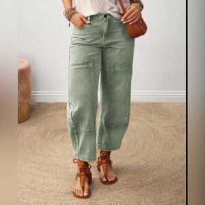 Shein Mid Rise Barrel Jeans Cropped Green Women 31 Elastic Waist 100% Cotton